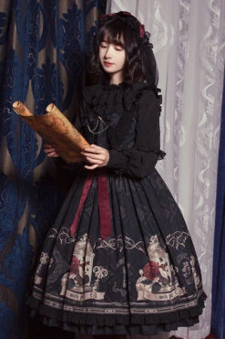 Black Nightingale Rose Print Bowknot Ruffled Strapless Gothic Lolita JSK Dress -LolitaInside a888ddd44f82756ac941f9e72043cfc4