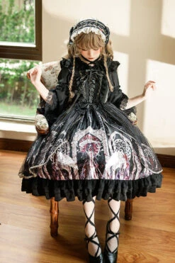Black Ancient Mythology Angel Wings Print Mesh Stitching Bowknot Ruffled Gothic Lolita Jsk Dress -LolitaInside a8cbbcb56940afefdd7fe8092f16807f
