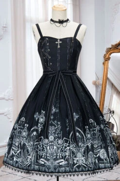 Dark Black Eye Of Red Heart Print Square Collar Cross High Waisted Gothic Lolita Jsk Dress -LolitaInside a98825acae3115347801e3d514352f7e
