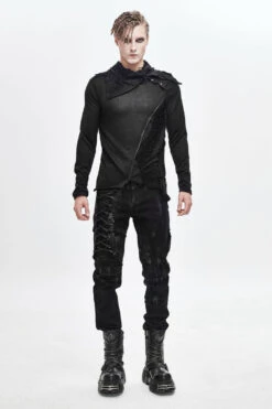 Black Ragged Turn-Down Collar Woolen Long Sleeve Irregular Hem Men's Punk T-Shirt -LolitaInside a9b6c20babdac89d13d8a27e18887679