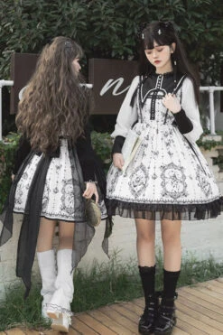 Black/White Long Sleeves Lace Ruffle Butterfly Magic Print Gothic Lolita OP Dress -LolitaInside aa1ce9b4de0c6978015ed32ad3bc6f95