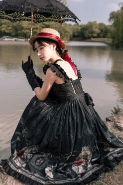 Black Nightingale Rose Print Bowknot Ruffled Strapless Gothic Lolita JSK Dress -LolitaInside aa6a28c2b5d50d5fcee76411dd03baae