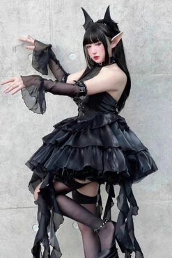 Pure Black Little Devil Sexy Princess Slim Gothic Lolita Strapless Tiered Dress -LolitaInside aaa4fefbf784b8170f9c17caad57e9e1