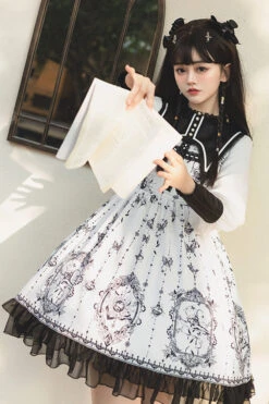 Black/White Long Sleeves Lace Ruffle Butterfly Magic Print Gothic Lolita OP Dress -LolitaInside ab1e3de14d6a7ea3f6bf3a204da380e3