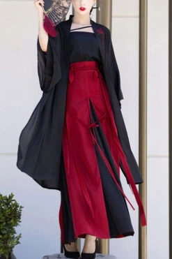 Black/Red Chinese Style Song Dynasty Flower Embroidery Long Sweet Hanfu Dress Full Set