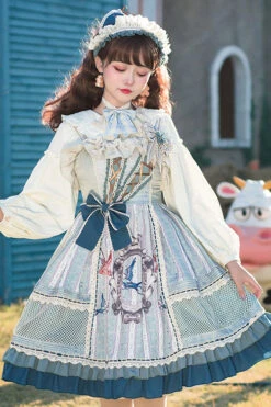 Light Blue Vintage Finches In The Mirror Print Country Style Bowknot Multi-Layer Ruffled Classic Lolita JSK Dress -LolitaInside ab9dfcf0269e253f66e0bda76c5fec87