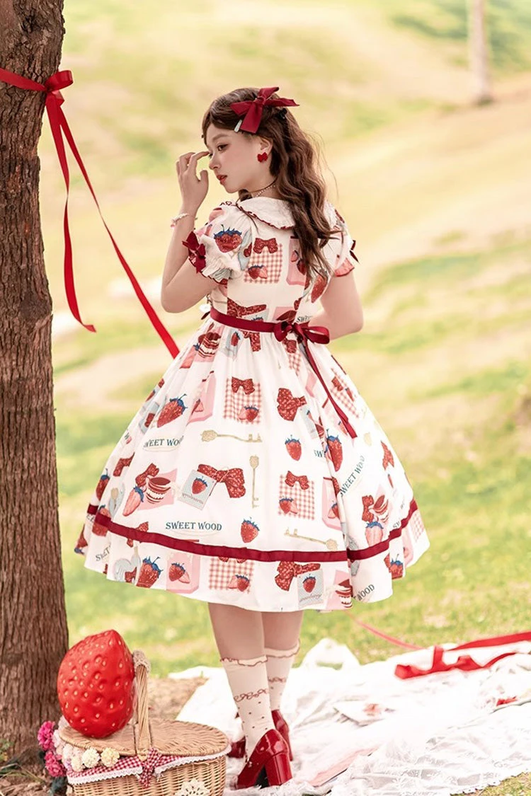 Multi-Color Strawberry Bowknot Print Short Sleeves Short Version Sweet Lolita Dress 7 Multi-Color Strawberry Bowknot Print Short Sleeves Short Version Sweet Lolita Dress - Image 5