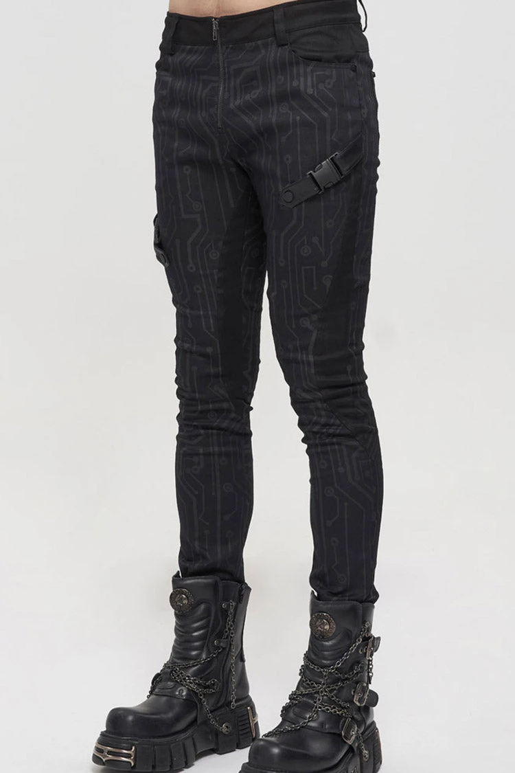 Black Punk Casual Circuit Diagram Print Asymmetric Decoration Men's Long Pants 6 Black Punk Casual Circuit Diagram Print Asymmetric Decoration Men's Long Pants - Image 4