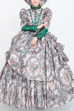 Gray Long Sleeves High Collar Embroidery Floral Print Wave Fold Victorian Lolita Prom Dress