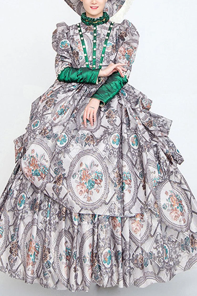 Gray Long Sleeves High Collar Embroidery Floral Print Wave Fold Victorian Lolita Prom Dress 3 Gray Long Sleeves High Collar Embroidery Floral Print Wave Fold Victorian Lolita Prom Dress