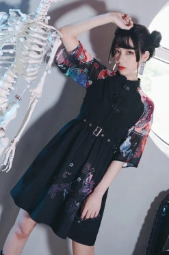 Black Stand Collar Hundred Ghosts Night Walk Colorful Print Short Sleeves High Waisted Sweet Lolita Dress -LolitaInside abf642b6ddd97cbcb13e58922446d8a8