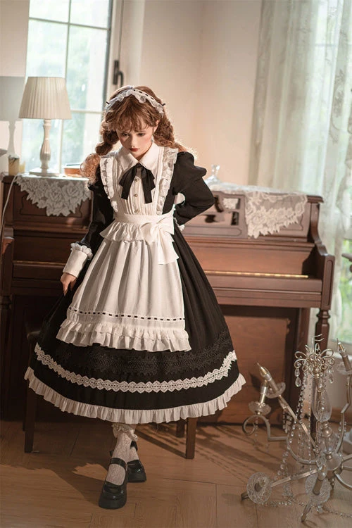 Black Lapel Collar Bowknot Long Sleeves Ruffled Sweet Lolita Maid OP Dress (Apron Is Included) 8 Black Lapel Collar Bowknot Long Sleeves Ruffled Sweet Lolita Maid OP Dress (Apron Is Included) - Image 6