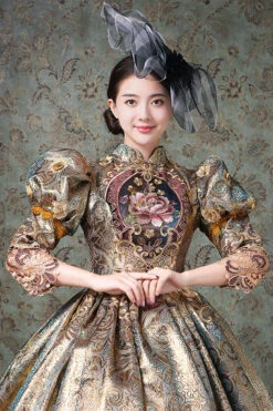 Champagne Half Sleeves High Waisted Hollow Floral Embroidery Victorian Lolita Prom Dress -LolitaInside ac56511e0cc14f64ca8b3ccdb2f26258