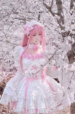 White/Pink Puff Short Sleeves Princess Gothic Lolita Tiered Dress -LolitaInside acb5cab26461a07f6df6206fdf24dc4f