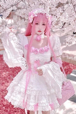 White/Pink Puff Short Sleeves Princess Gothic Lolita Tiered Dress -LolitaInside ad165200fd7796d37fc41b9c3551bb96