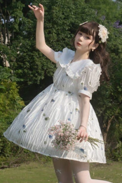 White French Lapel Collar Bubble Short Sleeves Floral Print High Waisted Sweet Lolita Dress -LolitaInside ad5647eff45e18ed13d07669b156ac5f
