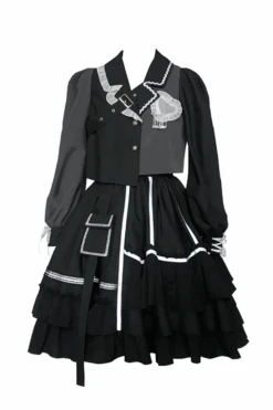 Black Night Talking Reflective Strip Long Sleeves Ruffle Pleated Gothic Lolita Dress Set -LolitaInside ad98b637e49d82a7ad8895bdc498e189