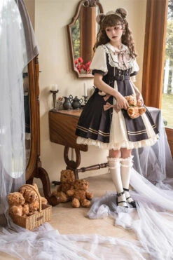 Black/White Chocolate Workshop Short Version Elegant Short Puff Sleeves Sweet Lolita Dress -LolitaInside add6baf26b7a5e2f3693f90d27bcbf37