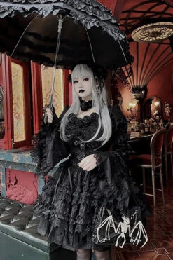 Pure Black Puff Short Sleeves Princess Gothic Lolita Tiered Dress -LolitaInside ae526fa0f5ad77dcf4fd20b9e8cccf81