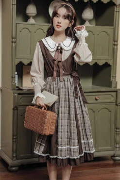 White/Brown Campus Style Doll Collar Lantern Sleeves Plaid Sweet Lolita OP Dress -LolitaInside ae6eba4e8f176a434c9394bfd7121f5b ec295cee 68d6 4484 af2f 326c4935bf2e