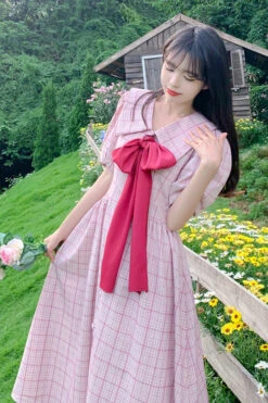 Pink Navy Lapel Collar Check Short Sleeves High Waisted Long Plus Size Sweet Lolita Dress -LolitaInside aeab6759b194ad8f9f28e74018383a44
