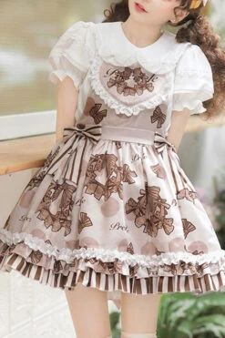 Brown Chocolate Wreath Print Sweet Lolita Strap Dress