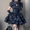 Black Multi-layer Ruffle Ballet Bowknot Print Gothic Lolita Jsk Dress -LolitaInside af3a94ebc4a6943b96ac457ebe81a17a