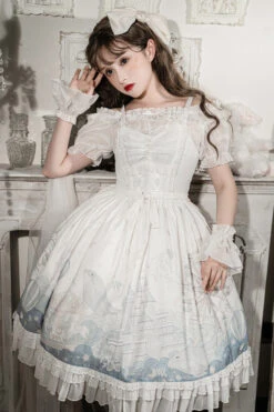 White Ruffle Short Sleeves Whale Paradise Print Sweet Lolita Dress Set -LolitaInside af3fdf59e36ae5132b8a999834ba2ea9