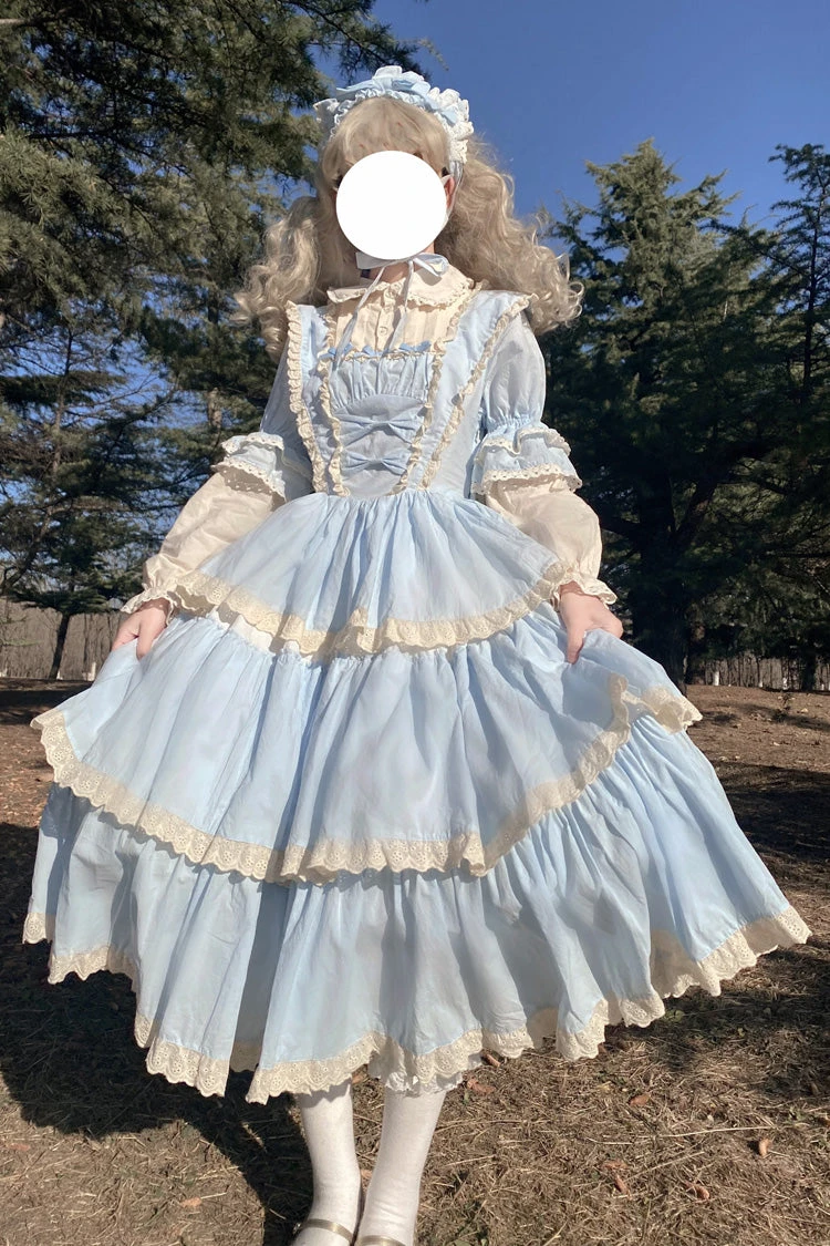 Blue Lapel Collar Long Sleeves High Waisted Multi-layer Bowknot Sweet Lolita Dress 8 Blue Lapel Collar Long Sleeves High Waisted Multi-layer Bowknot Sweet Lolita Dress - Image 6