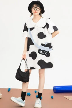 Black/White Doll Collar Short Sleeves Milk Cow Print Sweet Lolita Dress -LolitaInside b07ab379c9045b8e9f3011757e35d5da