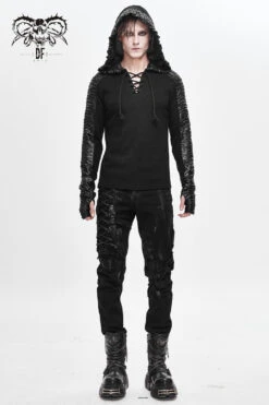 Black Chest Lace Up Vertical Stripes Woolen Splice Bright Crimped Fabric Hooded Men's Punk T-Shirt -LolitaInside b0801e8b7f9102c8ff3a3e285ddc5de2