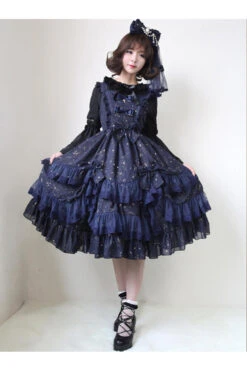 Chiffon Golden Star Bowknot Print Classic Lolita Sling Dress -LolitaInside b0d2983885e1b7d98b187214d9fa0d3d