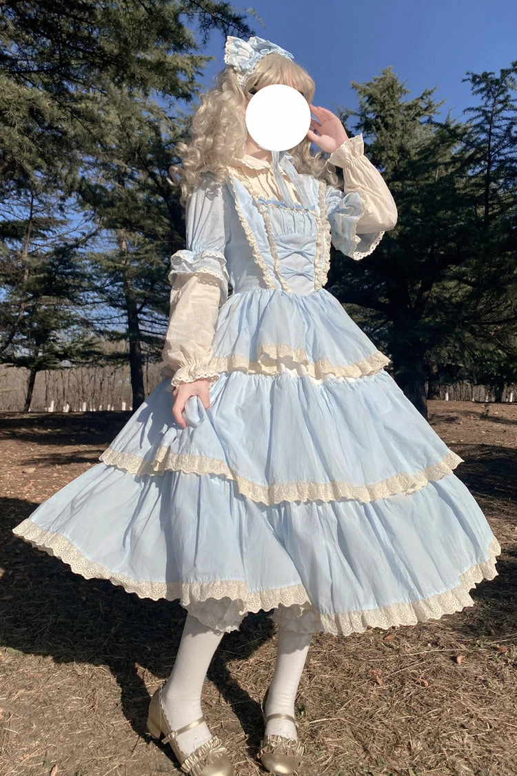 Blue Lapel Collar Long Sleeves High Waisted Multi-layer Bowknot Sweet Lolita Dress 4 Blue Lapel Collar Long Sleeves High Waisted Multi-layer Bowknot Sweet Lolita Dress - Image 2
