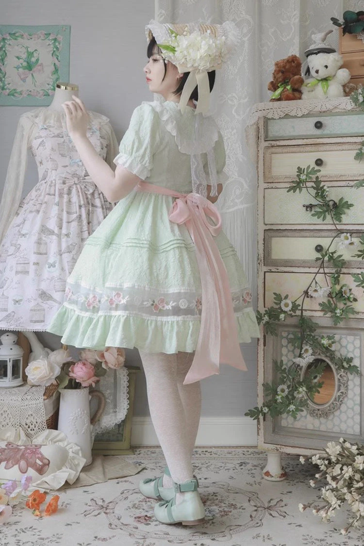 Green Short Sleeves Rose Print Ruffle Bowknot Sweet Lolita Dress 5 Green Short Sleeves Rose Print Ruffle Bowknot Sweet Lolita Dress - Image 3