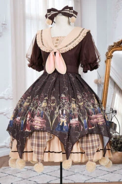 Brown Alchemist Cartoon Anime Print Doll Collar Bowknot Short Sleeves Multi-Layer Pompom Sweet Lolita OP Dress -LolitaInside b13d49a7857f152cb02ac132b69a3960
