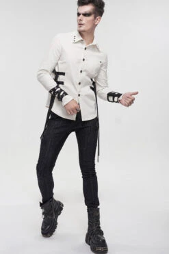 White Punk Nylon Strap Metal Buckle Decoration Long Sleeve Elasticity Thick Men's Shirt -LolitaInside b1c829b82867a1ac86143161ea8d6d12