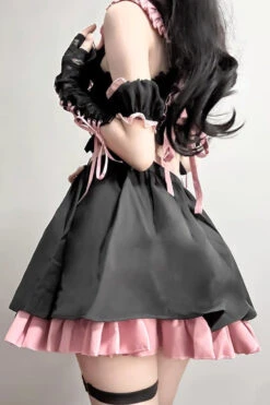 Black/Pink Tie Bow Gothic Sweet Lolita Strapless Skirt Dress 2 Pieces Set -LolitaInside b1eed537ff6357cbcd8012ccbeff5313