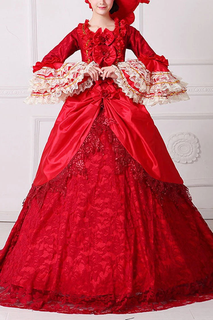Red Multi-Layer Lace Stitching Trumpet Sleeves High Waisted Bowknot Hollow Floral Embroidery Victorian Lolita Prom Dress 3 Red Multi-Layer Lace Stitching Trumpet Sleeves High Waisted Bowknot Hollow Floral Embroidery Victorian Lolita Prom Dress