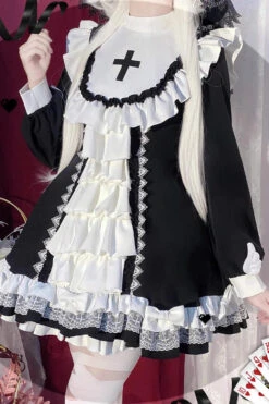 White/Black Long Sleeves Multi-layer Cross Print Nun Style Ruffle Gothic Lolita Dress -LolitaInside b2479f2bed6bfaf6940b856ae2fdc0c1