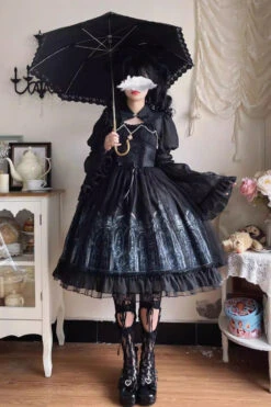 Black Sleeveless Church Of Silent Night Print Ruffle Gothic Lolita Jsk Dress -LolitaInside b24fd5bd498f19cbcb7378582947614b
