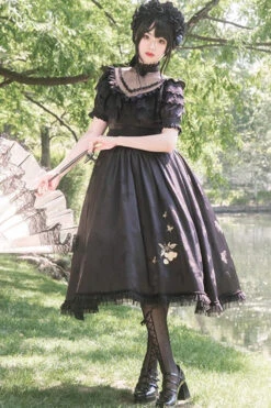 Black Daisy Print Cherry Embroidery Edwardian Collar Short Sleeves Gothic Lolita Dress -LolitaInside b294cc6e9c9bdc8797823677f4233d01