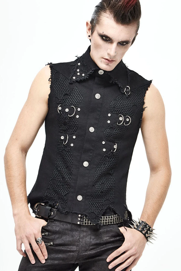 Black Worn Out Twill Mesh Decoration Rough Selvedge Hem Heavy Metal Men's Punk Waistcoat 4 Black Worn Out Twill Mesh Decoration Rough Selvedge Hem Heavy Metal Men's Punk Waistcoat - Image 2