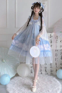 Blue Marine Jellyfish Print Bowknot Long Sleeves Ruffled Chinese Style Sweet Lolita Dress -LolitaInside b303ca339c7026b7ab39c24cb1f54bed