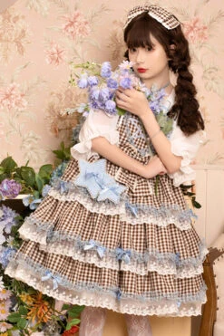 Brown Plaid Print Lace Layered Ruffled High Waist Sweet Lolita JSK Dress -LolitaInside b32358de045c673d1754241d1e2907d8