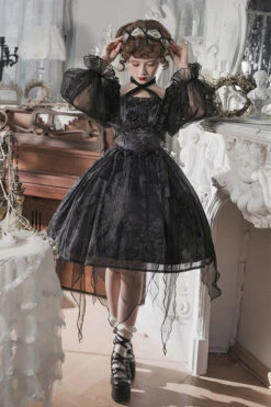 Black Ruffled Strap Mesh Lantern Sleeves High Waisted Irregular Hem Gothic Lolita OP Dress -LolitaInside b38e04440725e88be9afd15f8d284848