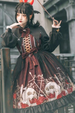 Black/Red Lapel Collar Long Sleeves High Waisted Printed Gothic Lolita OP Dress -LolitaInside b3ba7ec51cc1feb99b611f11f904cc12
