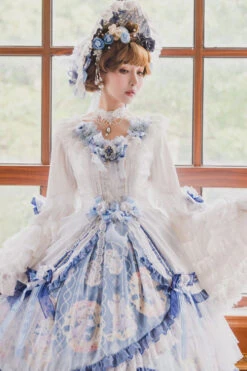 Blue/White Three Dimensional Flower Embroidery Hanayome Long Sleeves Bowknot Multi-Layer Ruffled Sweet Lolita OP Dress -LolitaInside b3e6a522d945b4419fa3f291da3b8fd9