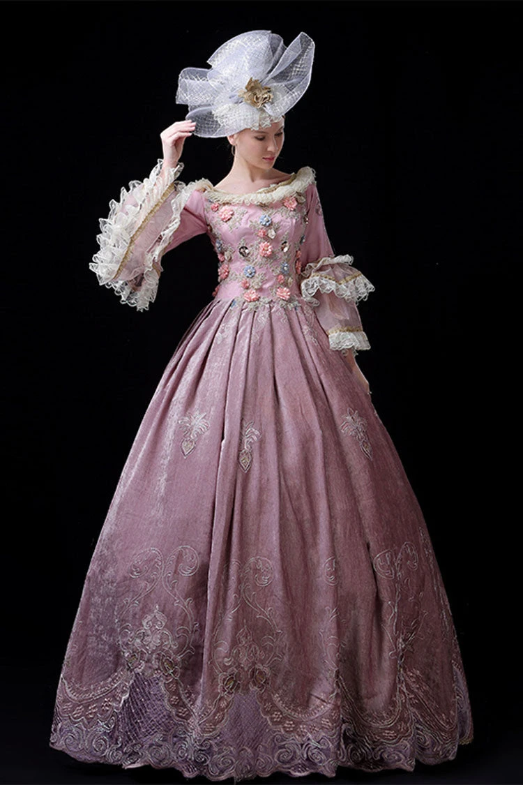 Pink Multi-Layer Trumpet Sleeves High Waisted Three Dimensional Flower Hollow Embroidery Print Victorian Lolita Prom Dress 6 Pink Multi-Layer Trumpet Sleeves High Waisted Three Dimensional Flower Hollow Embroidery Print Victorian Lolita Prom Dress - Image 4