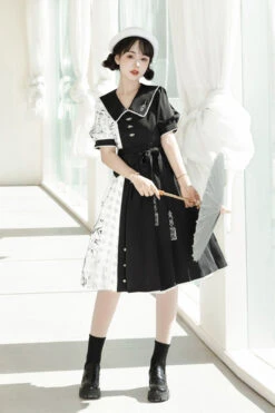 Black/White Stitching Chinese Style Bamboo Print High Waisted Sweet Lolita Dress -LolitaInside b487e2f9ebf520c8e17882e70fe9bbb7