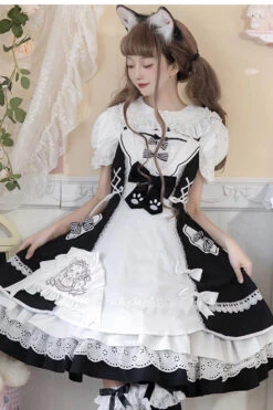 White/Black Cat Print Ruffle Bowknot Maid Sweet Lolita Dress -LolitaInside b4f05407fc295cdd83a9ebbe4260050a